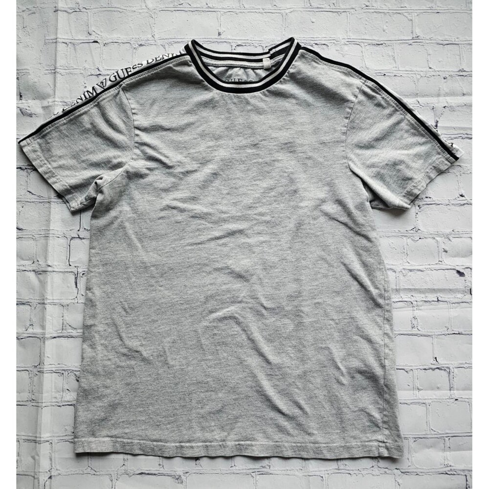 GUESS‎ Denim Men’s Gray T-Shirt S Black White Sleeve Tape Logo Casual Pre-Owned